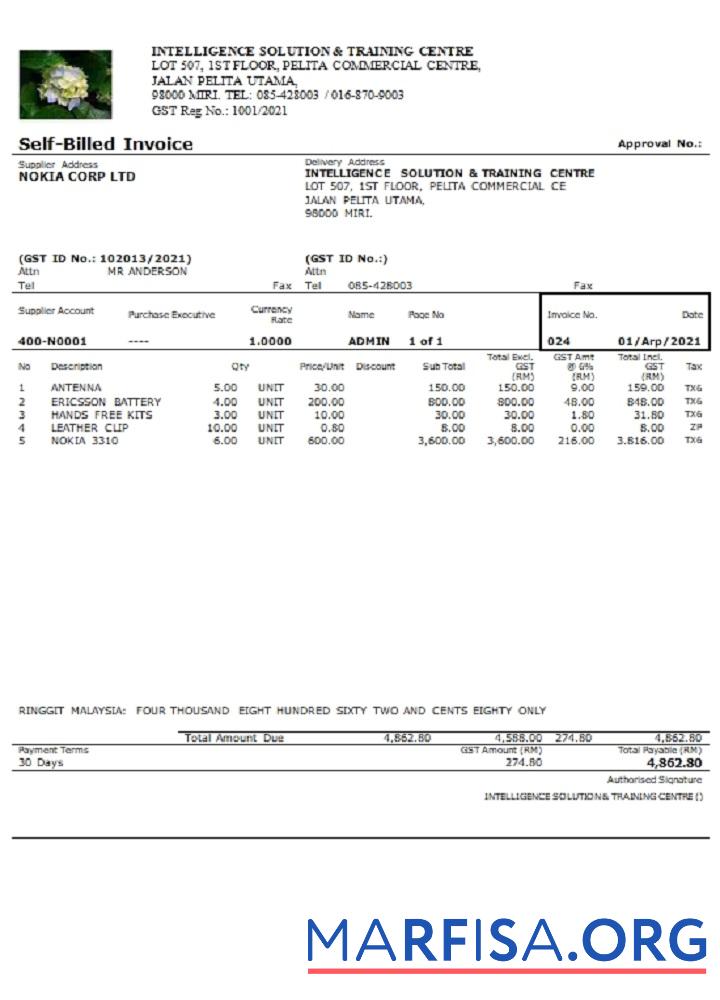 Downloadable Malaysia Intelligence Solution & Training Centre self billed invoice template